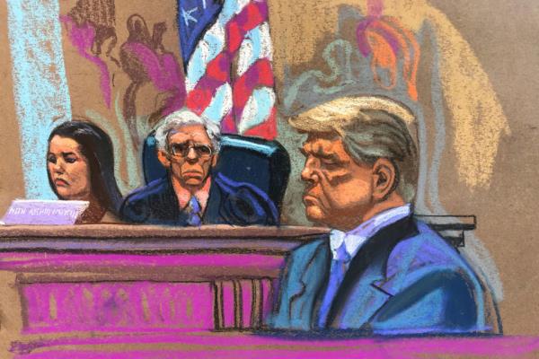 Judge Arthur Engoron questions former President Donald Trump on the witness stand (Christine Cornell)